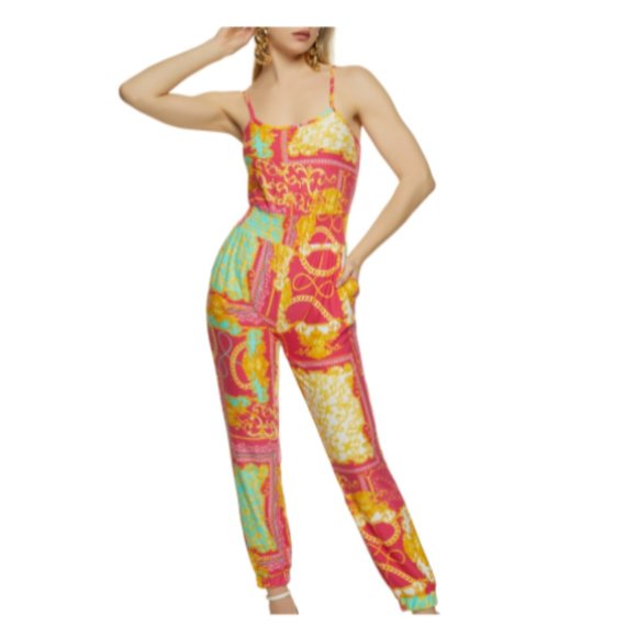 JOLIE AND JOY Status Print Smocked Waist Jumpsuit - Pink SIZE - M - Picture 1 of 2